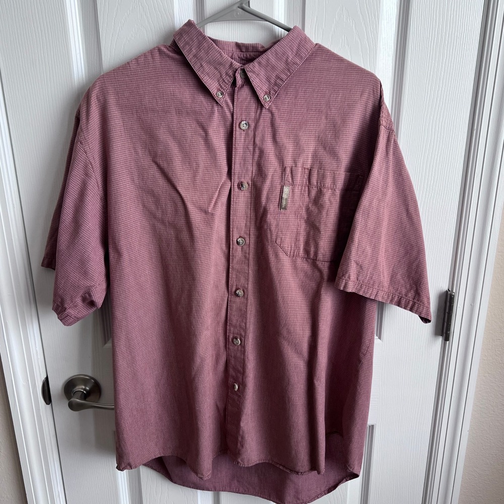 Columbia Mens XL Short Sleeve Button Down Shirt Rust Micro Grid Cotton